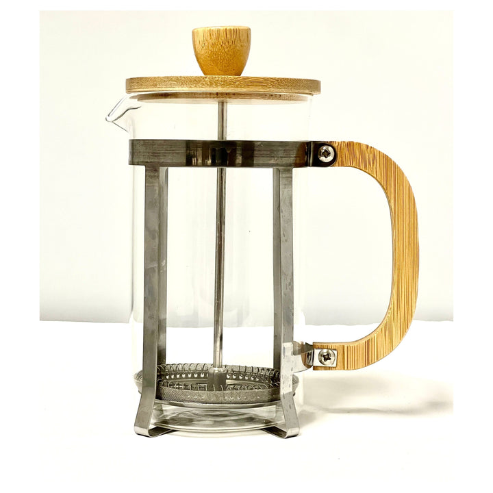 Bamboo French press coffee maker with a bamboo exterior and glass carafe.