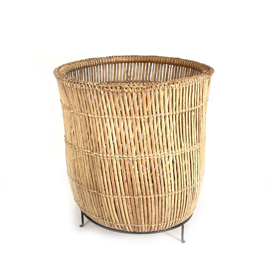 Woven Lozi fishtrap basket with handles, natural reed fiber, compact form.