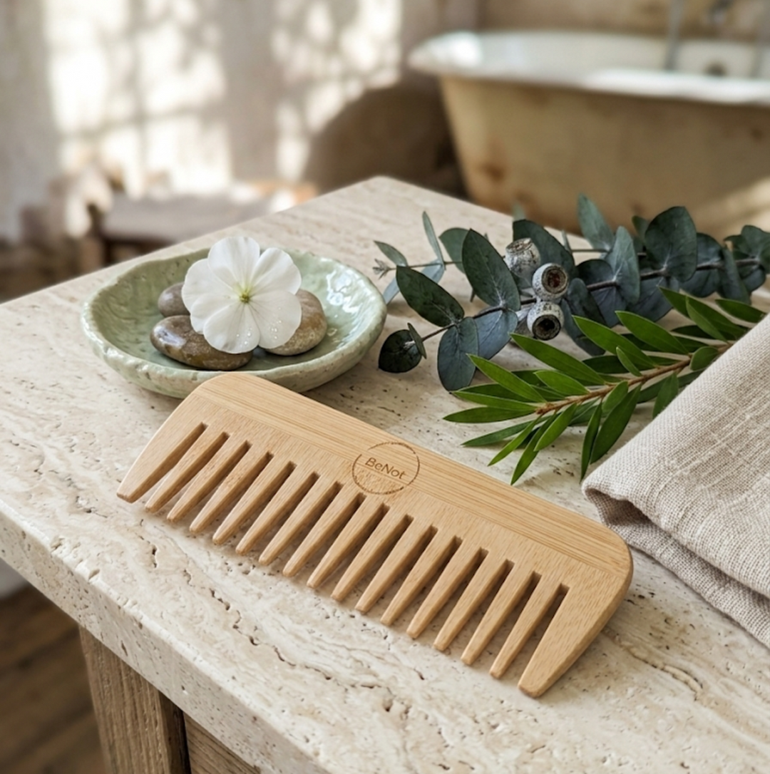 Natural bamboo hair comb for detangling, showing a close-up of the eco-friendly comb on a wooden surface.