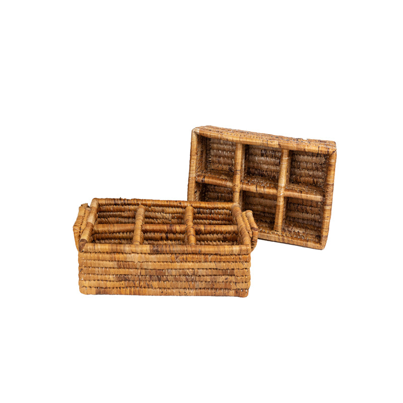 Banana leaf divided serving tray with six sections and a natural woven finish.
