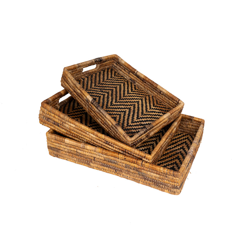 Set of three woven banana leaf nesting trays with chevron pattern from Rwanda