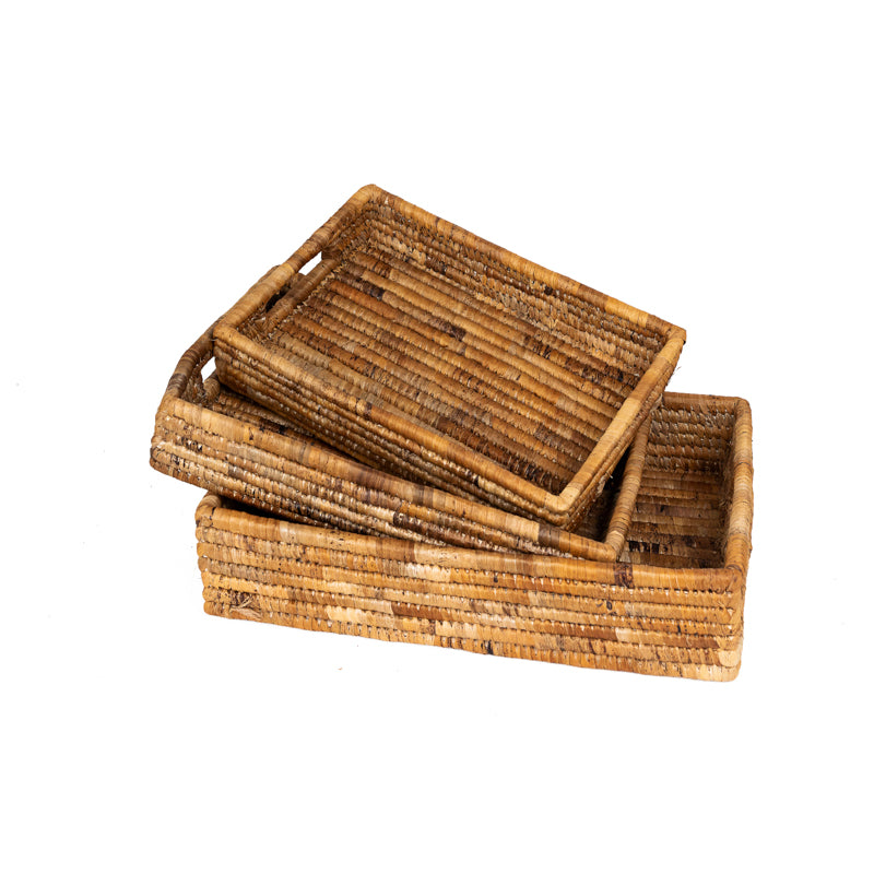 Set of natural woven banana leaf nesting trays, handwoven in Rwanda.