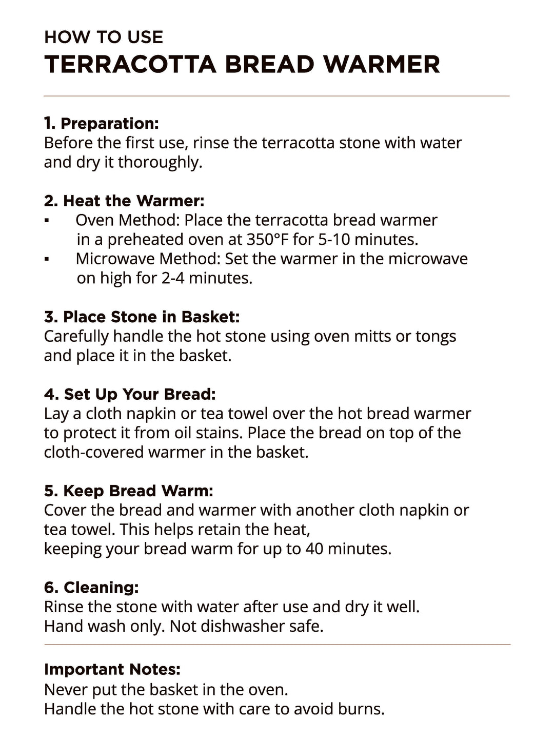 Bread warmer care and usage instruction card