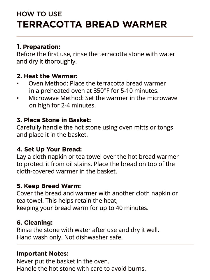 Bread warmer care and usage instruction card