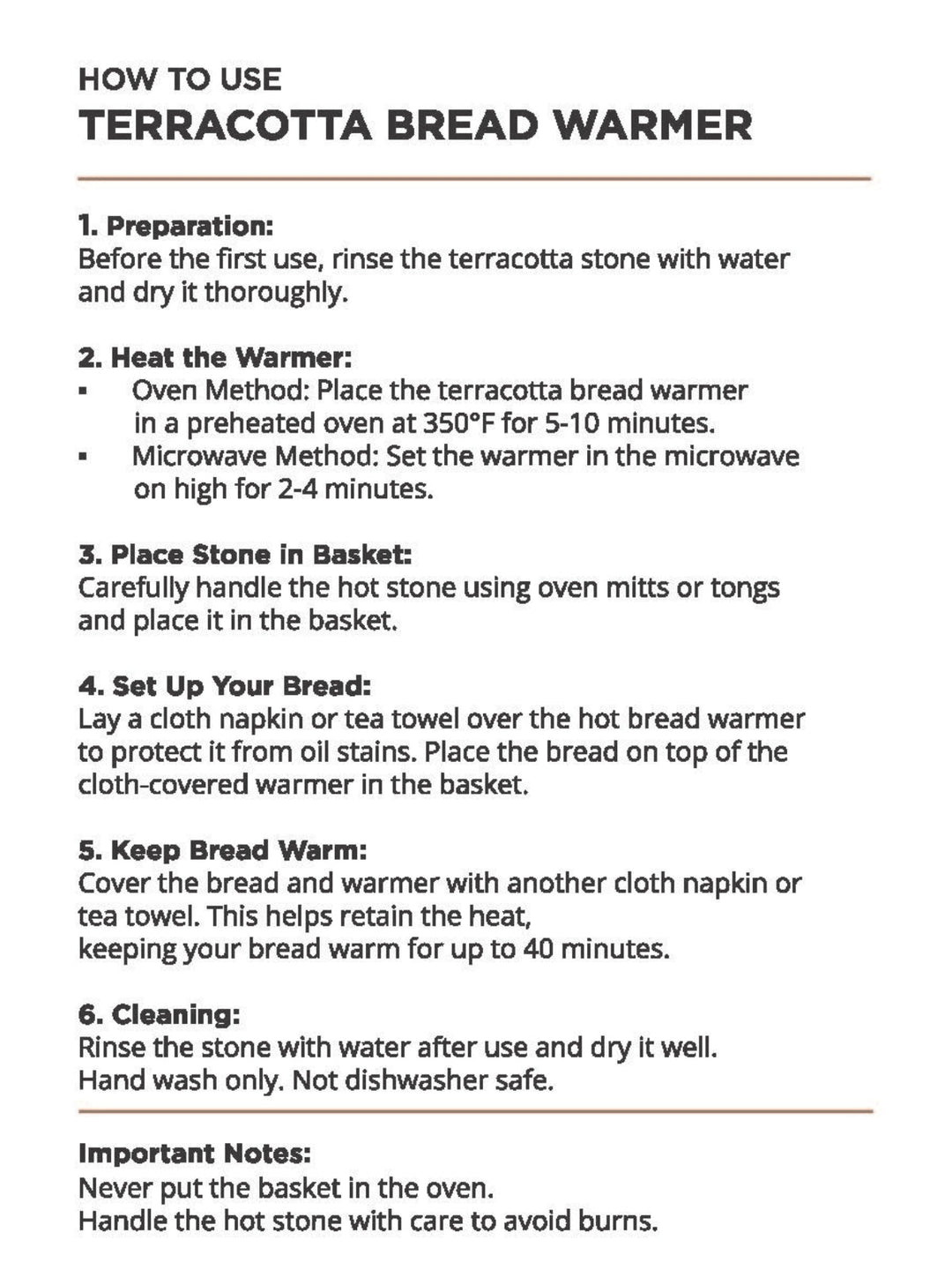 Bread warmer care and usage instruction card