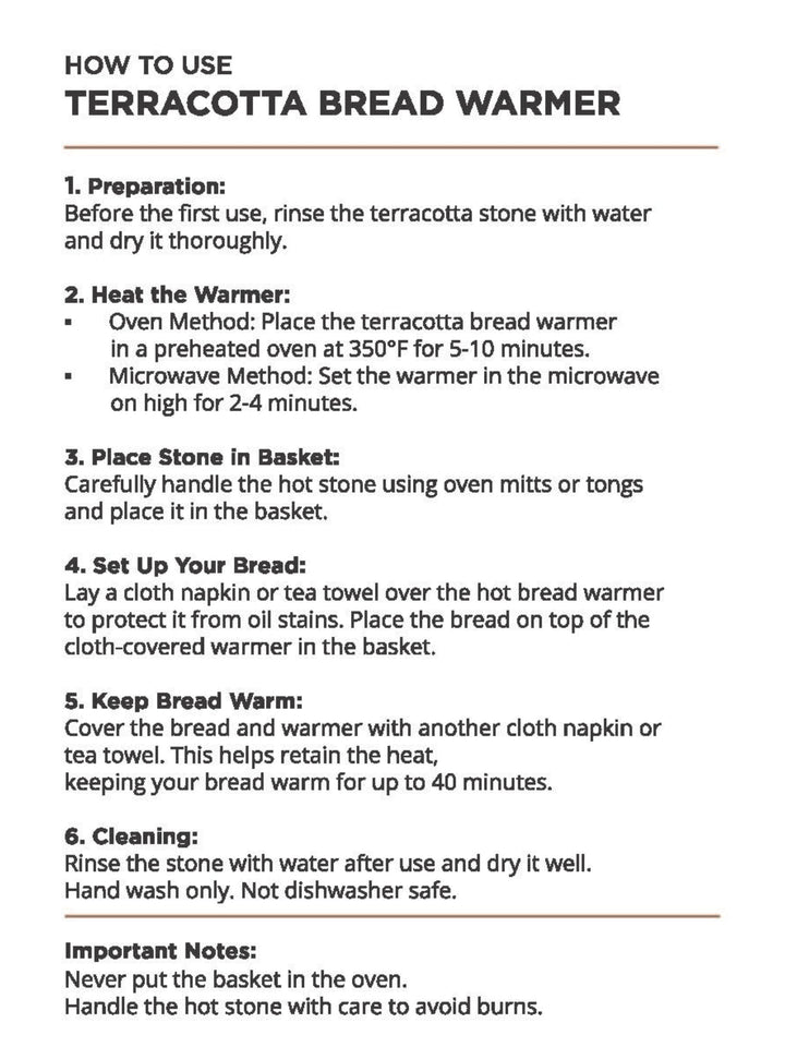 Bread warmer care and usage instruction card