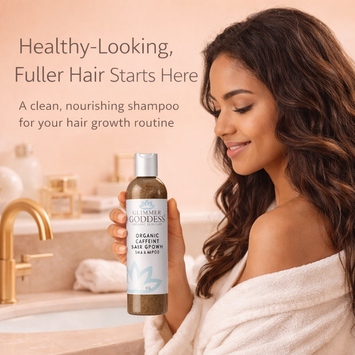 Organic caffeine shampoo bottle in a lifestyle setting.