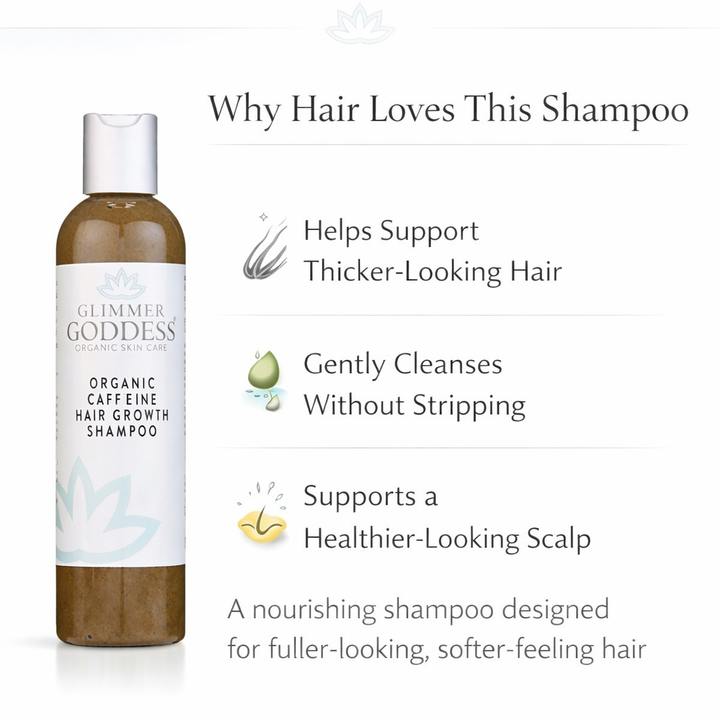 Organic caffeine shampoo with a pump dispenser and fresh ingredients.