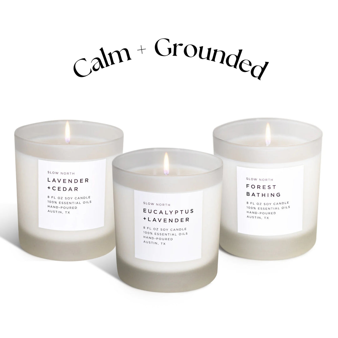 Calm and Grounded Candle Trio with three essential oil soy candles with calming, grounding aromas.