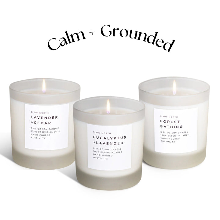 Calm and Grounded Candle Trio with three essential oil soy candles with calming, grounding aromas.