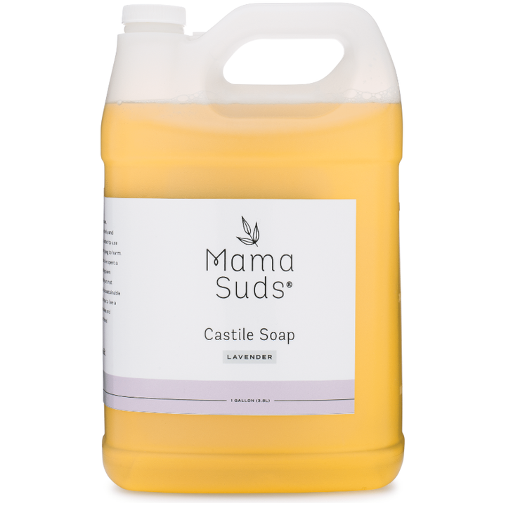 Pure castile all-purpose liquid soap, lavender, in a 128 oz. bottle.