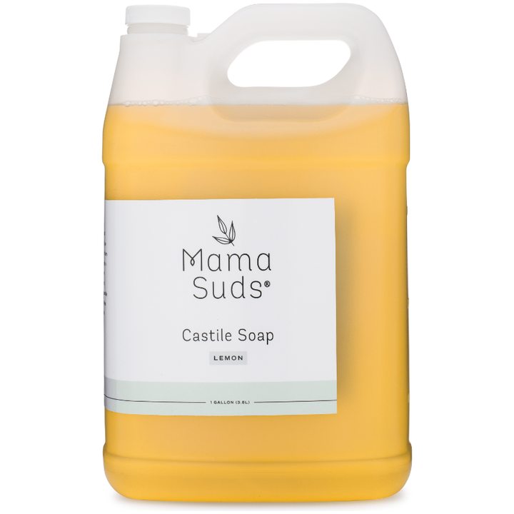 Pure castile all-purpose liquid soap, lemon, in a 128 oz. bottle.
