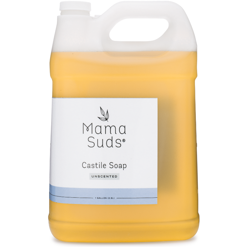Pure castile all-purpose liquid soap, unscented, in a 128 oz. bottle.