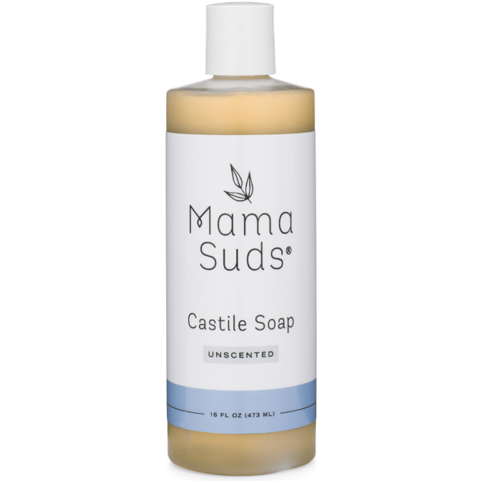 Pure castile all-purpose liquid soap, unscented, in a 16 oz. bottle.