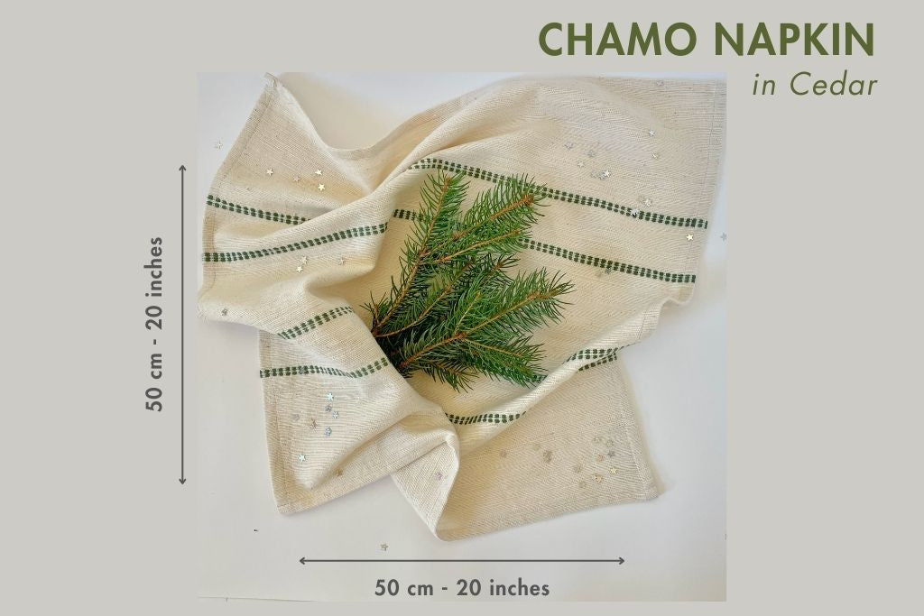 Cedar check napkin with measurements: 20 by 20 inches (50 by 50 cm)