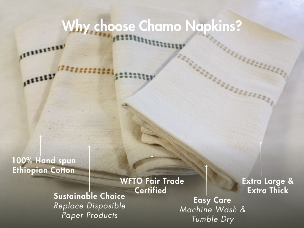 Napkins with key features: hand-spun Ethiopian cotton, WFTO Fair Trade, replaces disposable paper, machine washable, extra large and thick