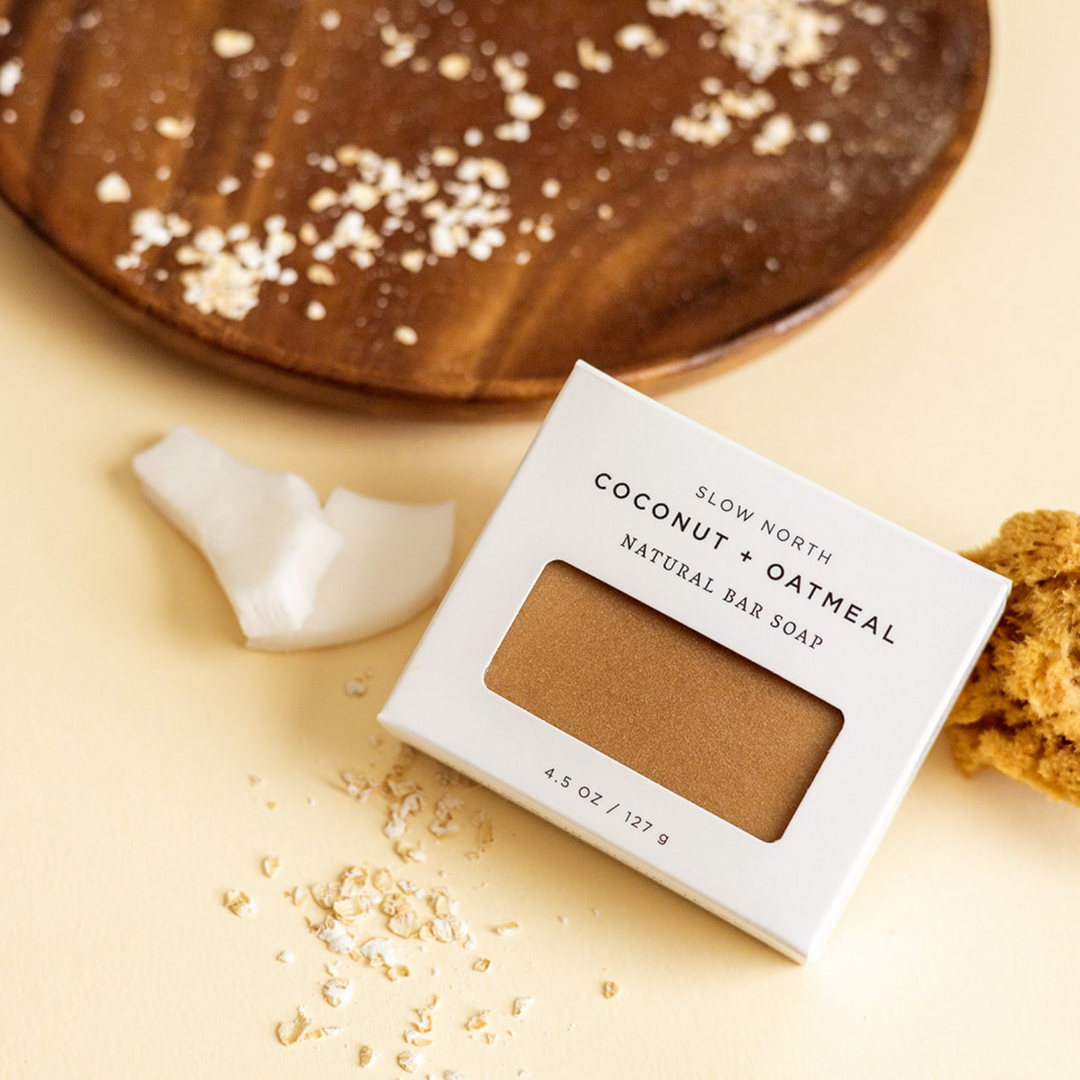 Coconut oatmeal soap bar shown on a neutral background.