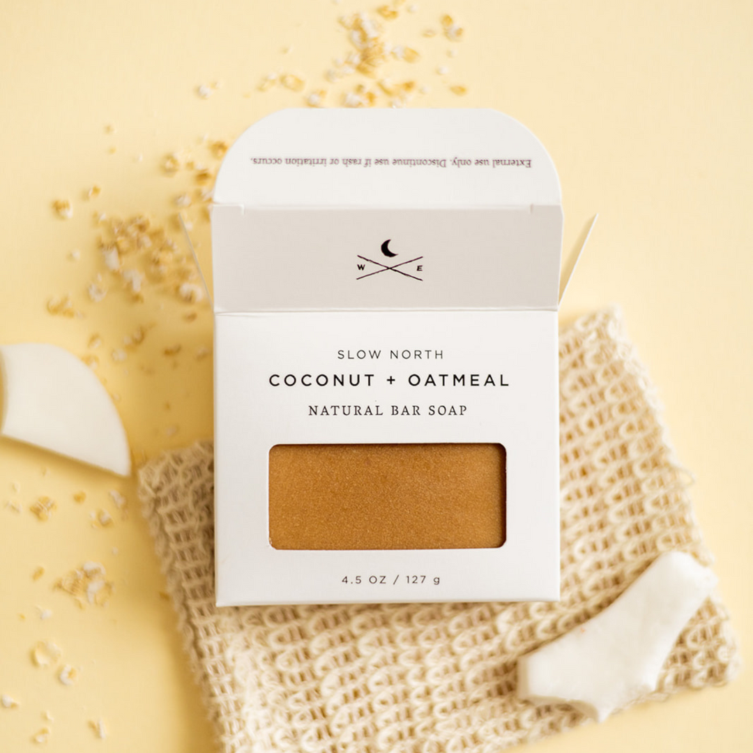 Handcrafted bar soap with coconut and oatmeal blend.