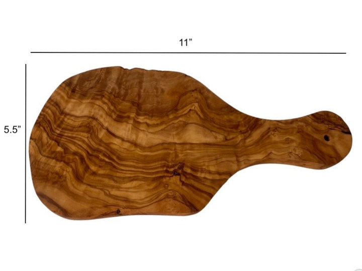 Olive wood cutting board with a Mediterranean handle, natural grain, and sturdy design.