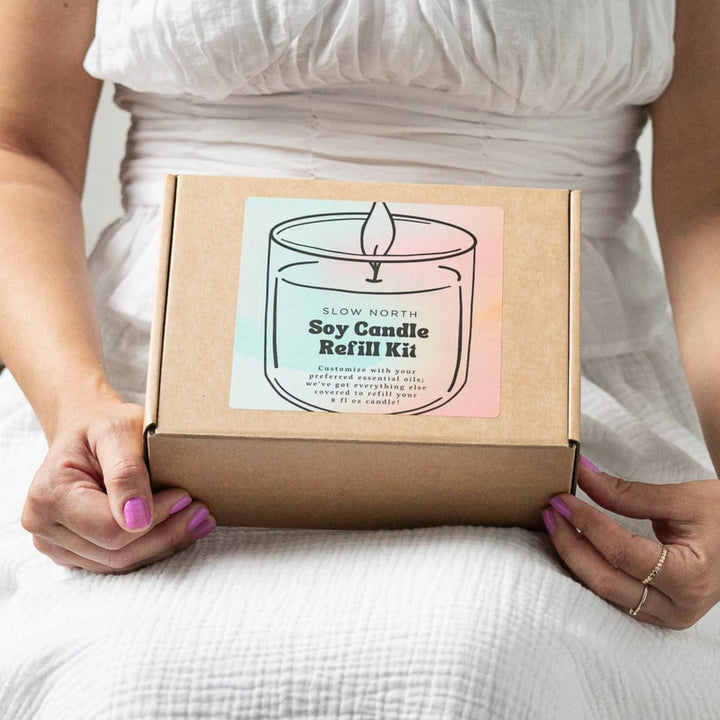 DIY candle making kit with essential oil blend and refill supplies.