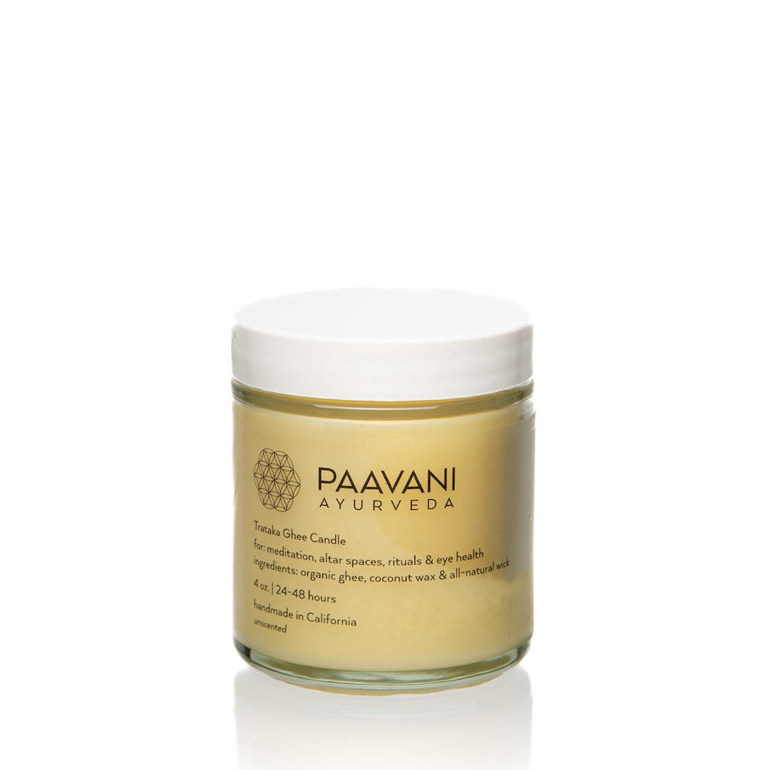Trataka meditation candle made with organic ghee, for candle-flame meditation.