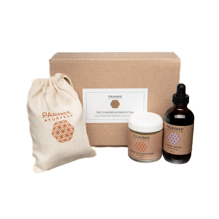 Cleanser and mask ritual complete kit with products in containers.