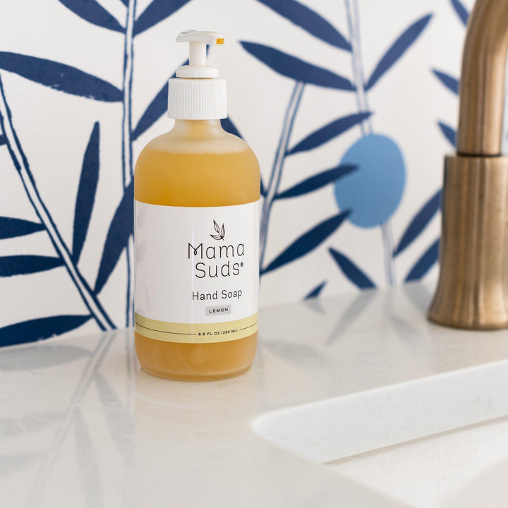 Olive oil and lemon hand soap in a pump bottle.