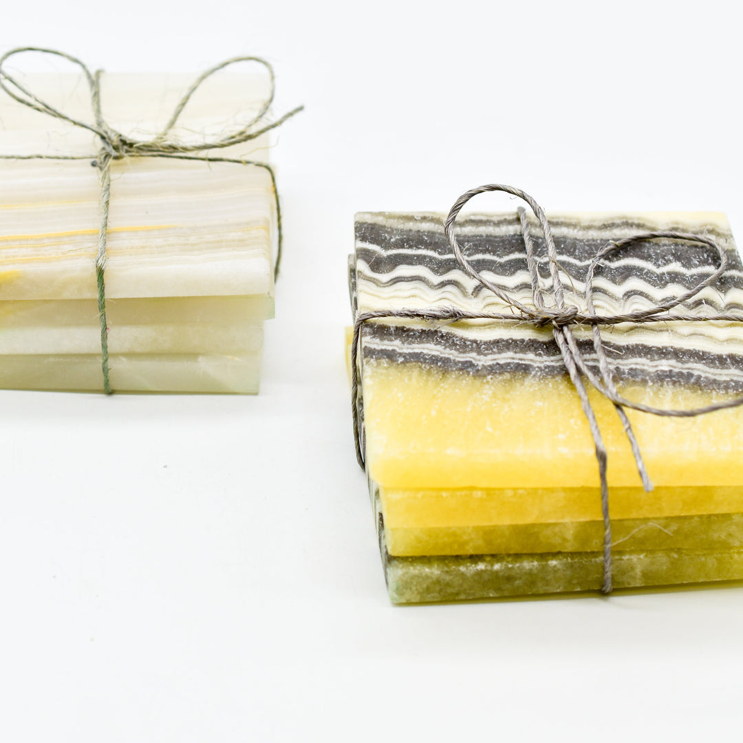 Natural onyx stone coaster with a polished surface, top view.