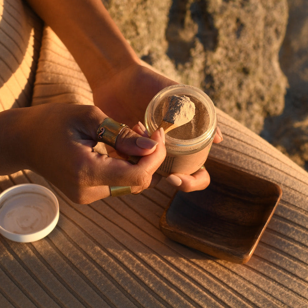 Bamboo and acacia facial mixing bowl and spoon with a smooth finish.