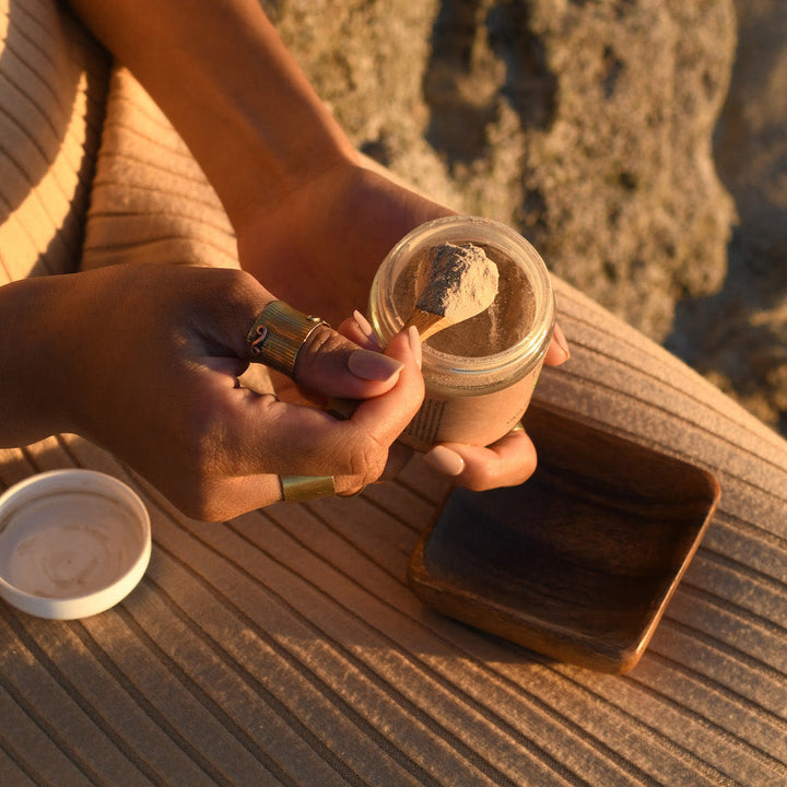 Bamboo and acacia facial mixing bowl and spoon with a smooth finish.