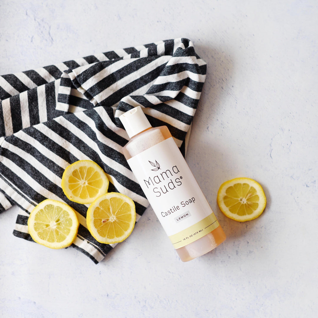 Pure castile all-purpose liquid soap in a clear bottle with a pump.