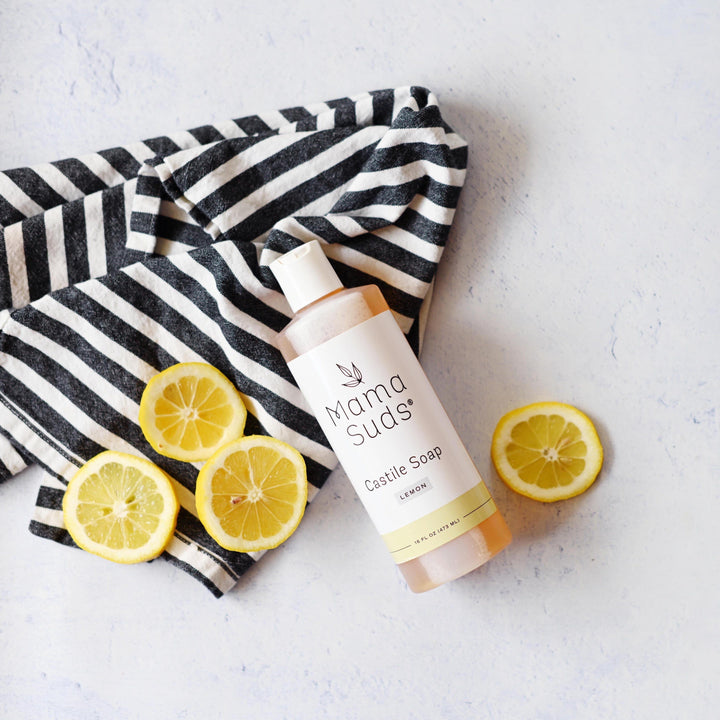 Pure castile all-purpose liquid soap in a clear bottle with a pump.