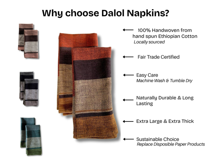 Color block napkins with key features: hand-spun Ethiopian cotton, Fair Trade certified, machine washable, durable, extra large and thick