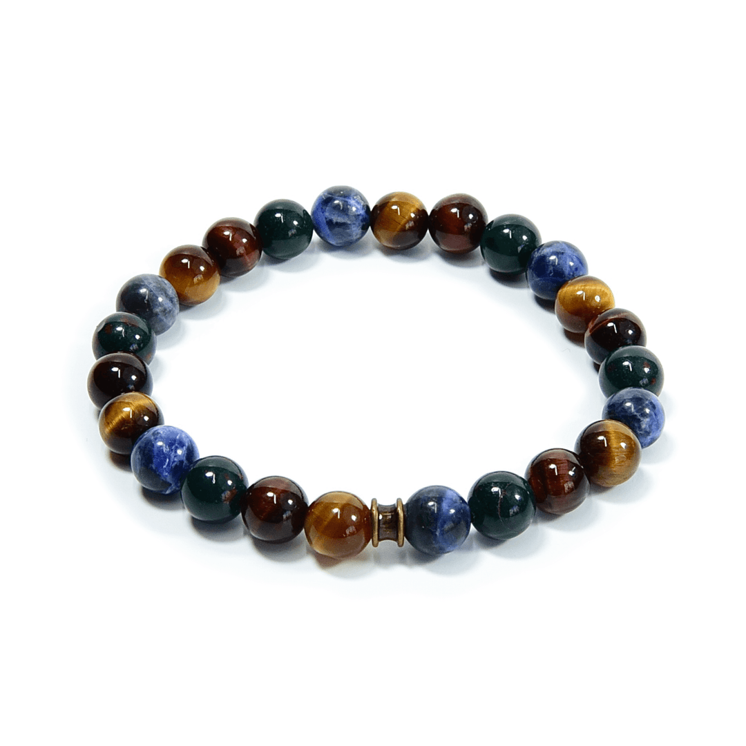 Deep Woods bracelet with tiger eye and gemstone beads on a white background.