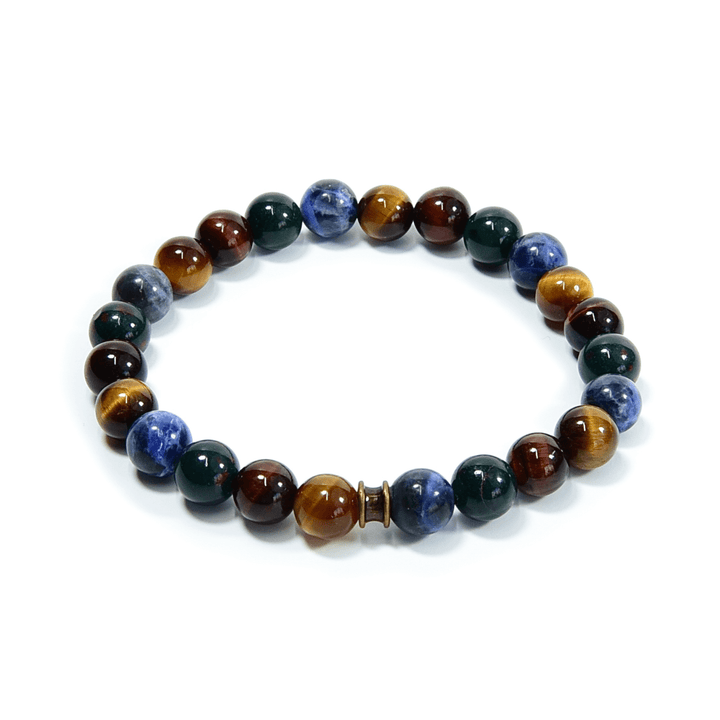 Deep Woods bracelet with tiger eye and gemstone beads on a white background.