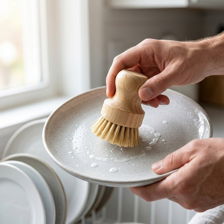 Bamboo and sisal dish brush with natural bristles, shown in a kitchen setting for effective dish cleaning and scrubbing.
