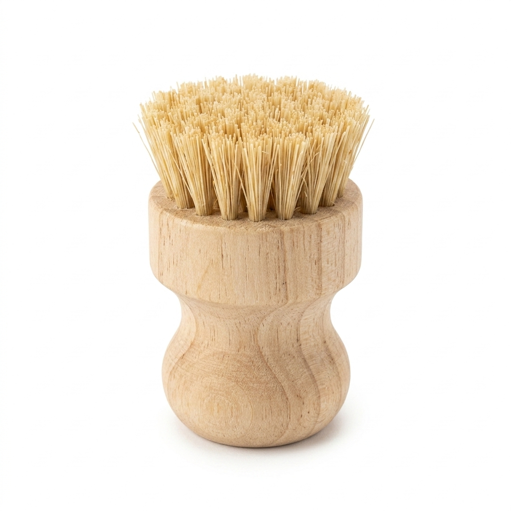 Bamboo and sisal dish brush with natural bristles, ideal for cleaning dishes and kitchenware.