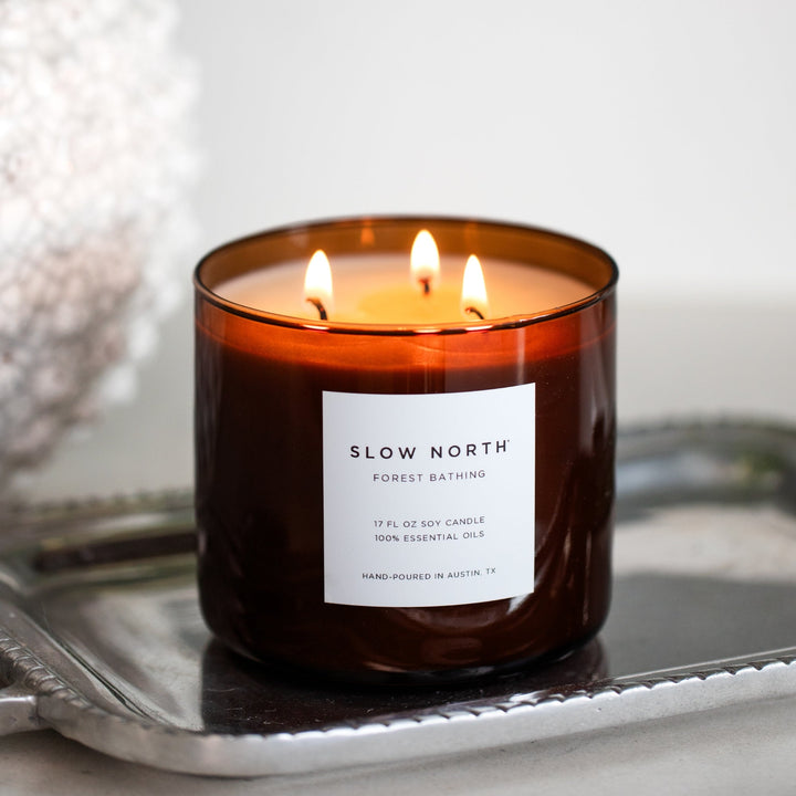 Forest Bathing three-wick candle with natural essential oils and forest scent.