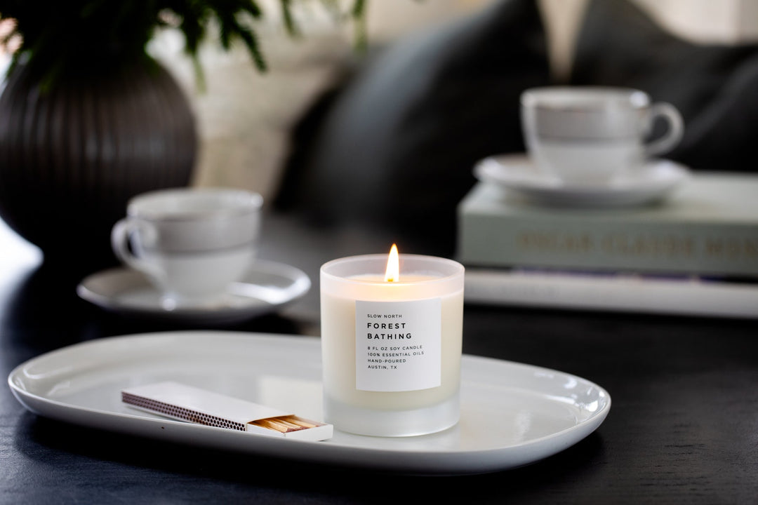 Forest Bathing natural soy candle in a minimalist glass jar.
