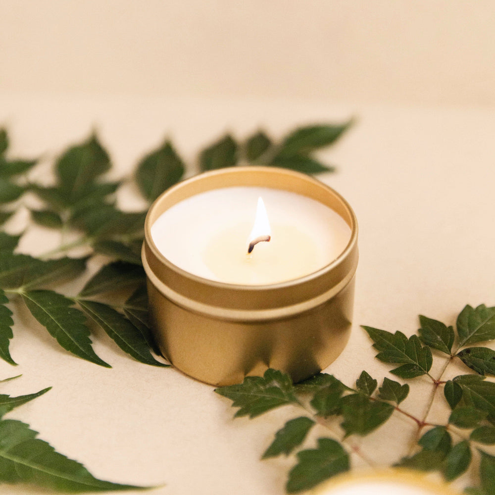 Forest Bathing soy candle in a reusable brushed gold tin with warm glow.