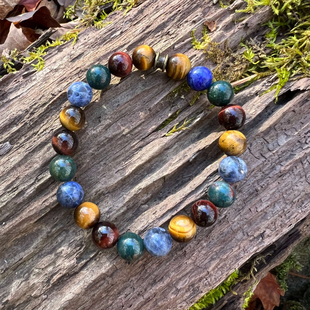 Deep Woods bracelet with tiger eye and gemstone beads on elastic cord.