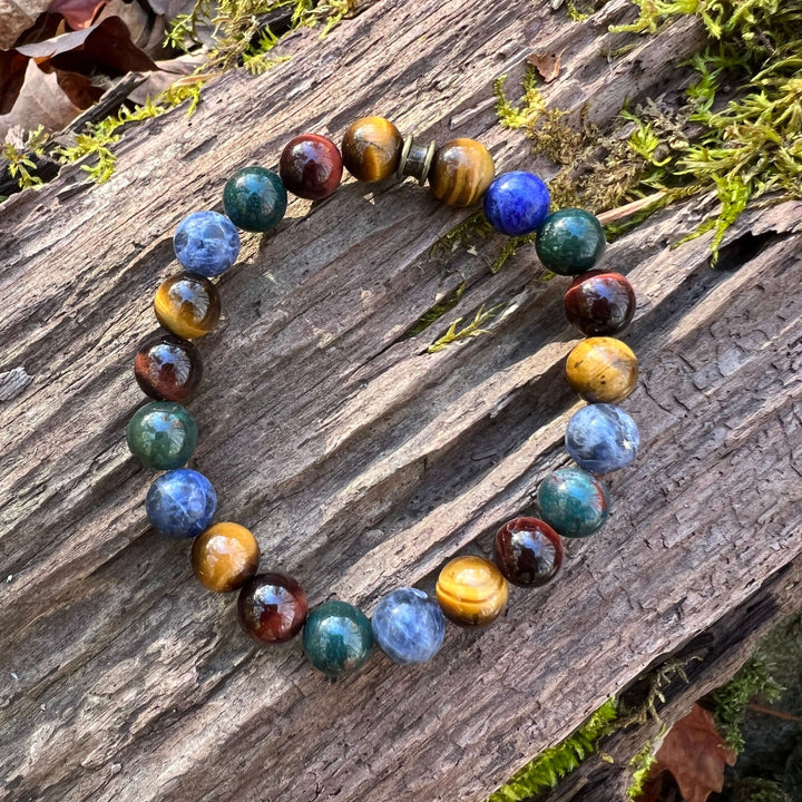 Deep Woods bracelet with tiger eye and gemstone beads on elastic cord.