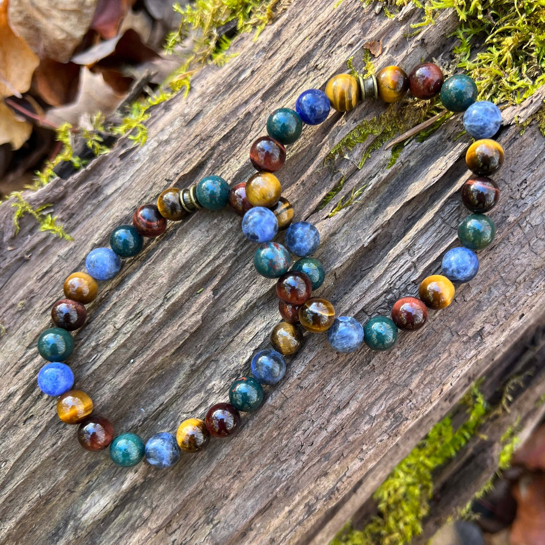 Deep Woods bracelet with tiger eye and gemstone beads, handcrafted design.