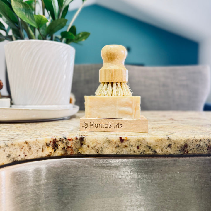 Solid castile dish soap bar with natural ingredients.