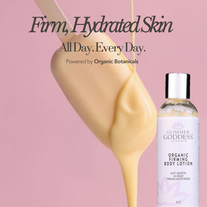 Organic firming body lotion with collagen in a pump bottle with natural ingredients.