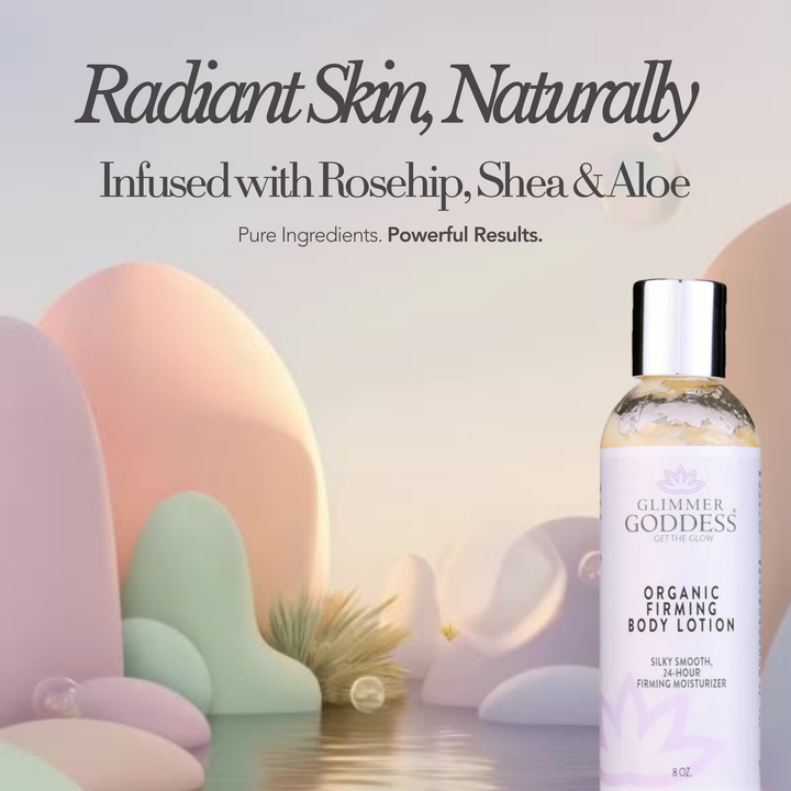 Organic firming body lotion with collagen in a pump bottle.