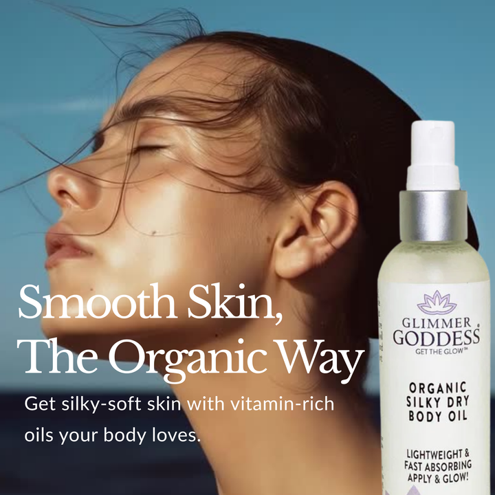 Organic silky dry body oil, 4 oz bottle with a smooth, silky texture.
