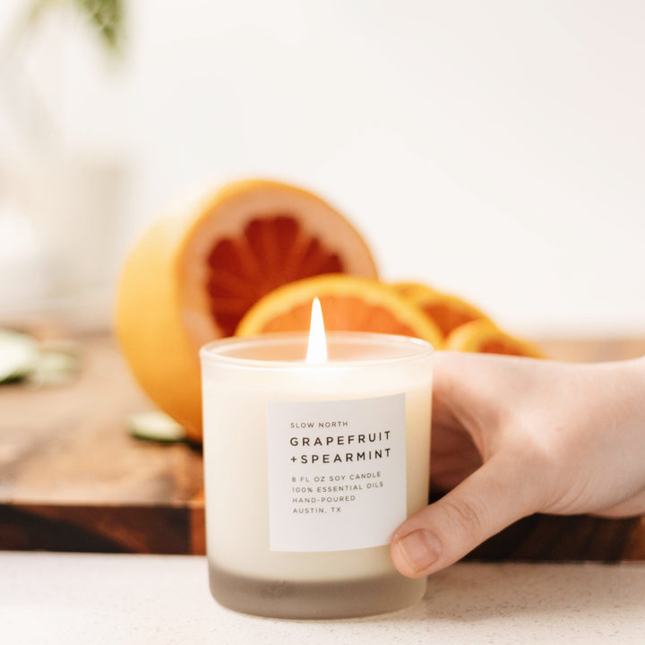 8 oz signature candle with grapefruit and spearmint essential oils.