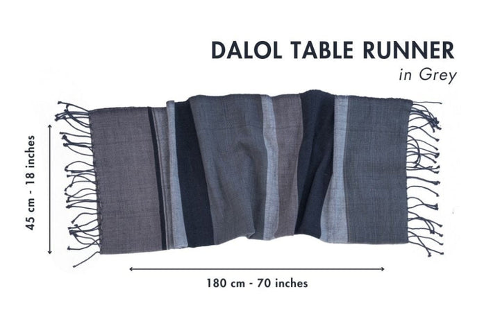 Grey table runner with measurements: 18 inches (45 cm) wide by 70 inches (180 cm) long