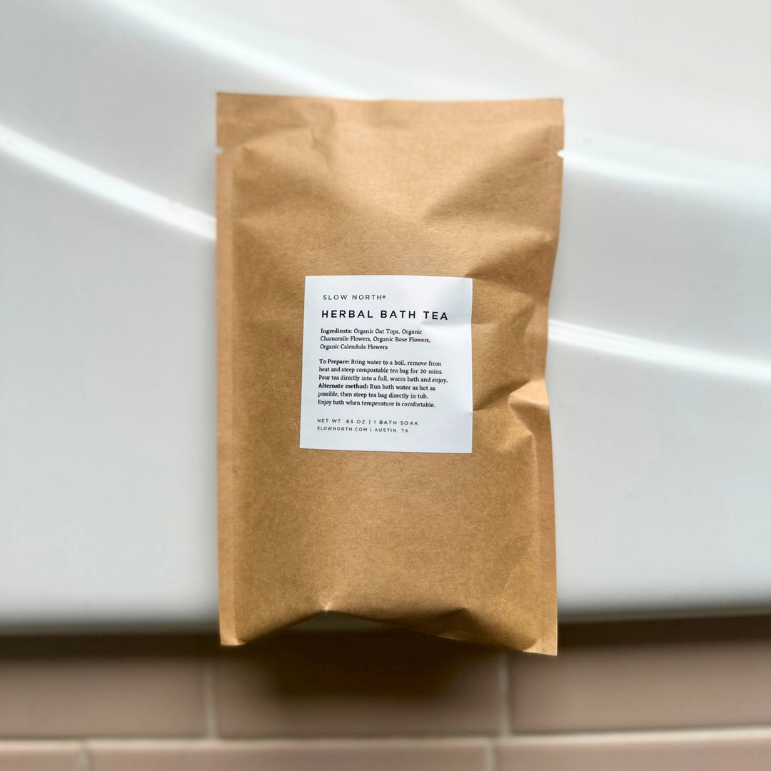 Herbal bath tea with dried botanicals and floral inclusions for one soak.